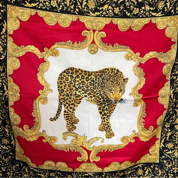 Vintage Made in Italy Leopard Print Scarf | Red Black Gold Baroque Square - Picture 4 of 7